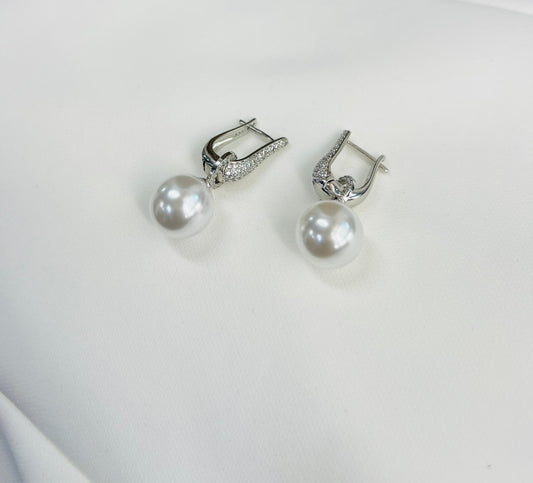 White Pearl & Diamond Earrings