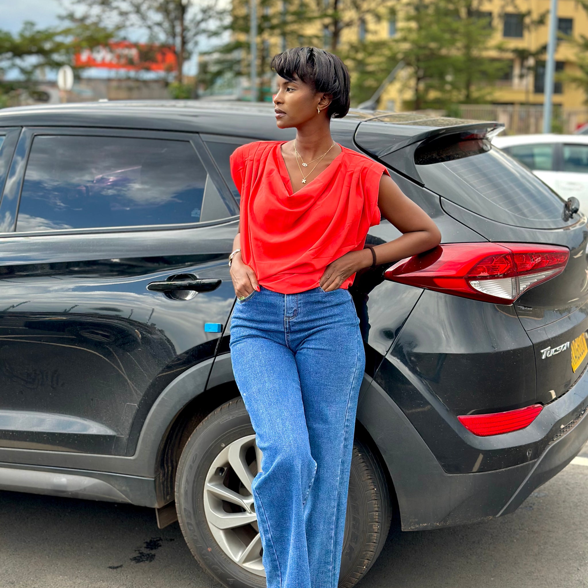 Cowl neck sleeveless blouse